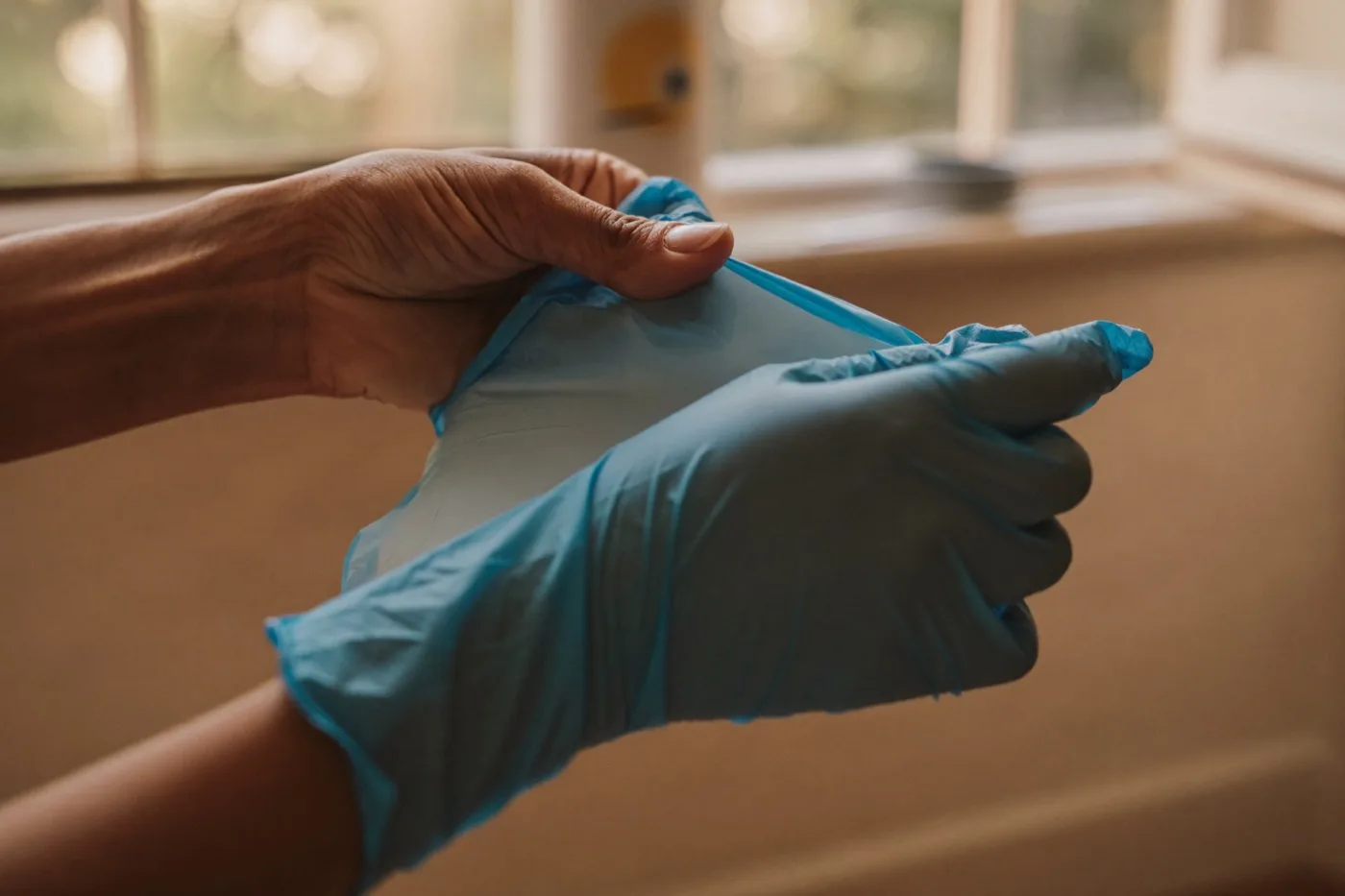 Hand mit Pflegehandschuh, daneben Pflegehilfsmittel zum Verbrauch